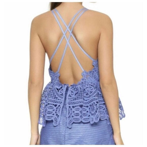 Self-Portrait Lace Peplum Mini Dress Blue Plunging Neck Strappy Back Women’s - 4 - Picture 7 of 12